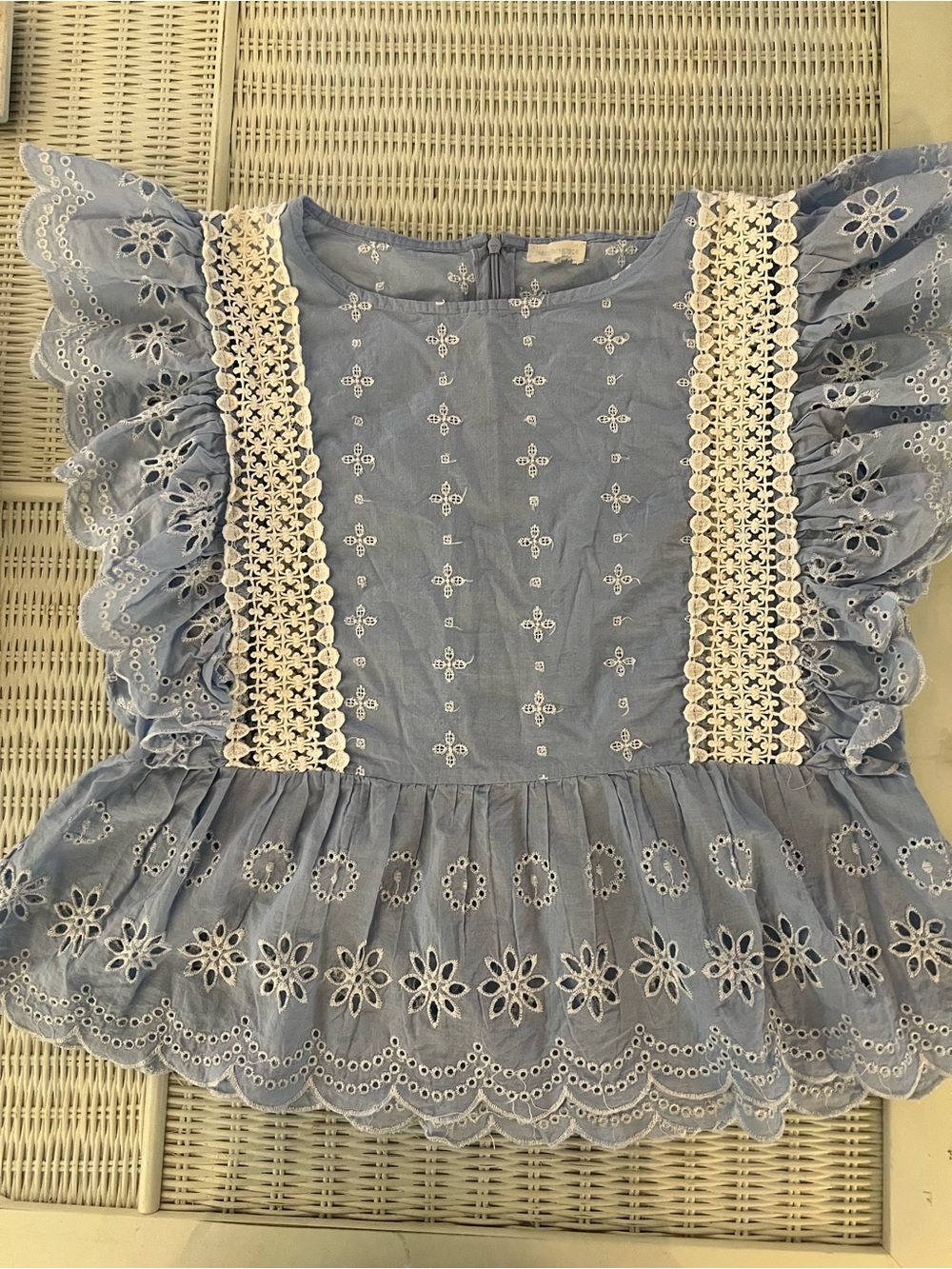 Jennifer & Grace Embroidered Ruffle short Sleeve blue & white eyelet blouse sz L